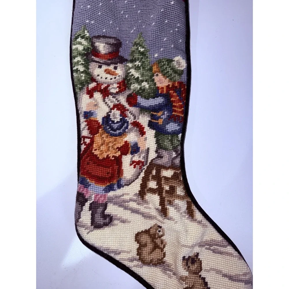 Lands End Needlepoint Christmas Stocking With Snowman Children + Woodland Animal